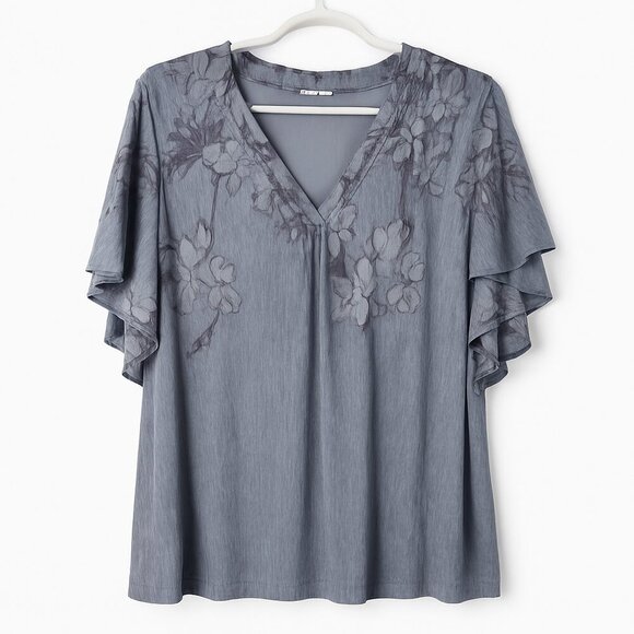 IT Tops - IT Gray Floral Ruffle Sleeve Blouse Top Women’s XL Tunic